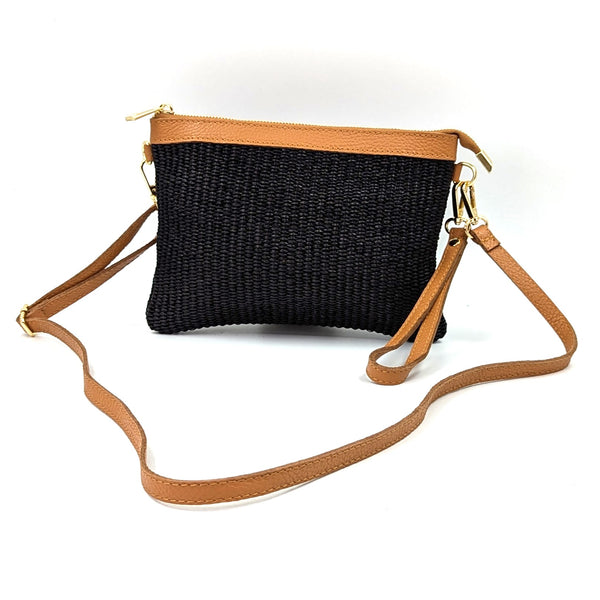 Jute clutch bag with leather hand strap and cross body strap