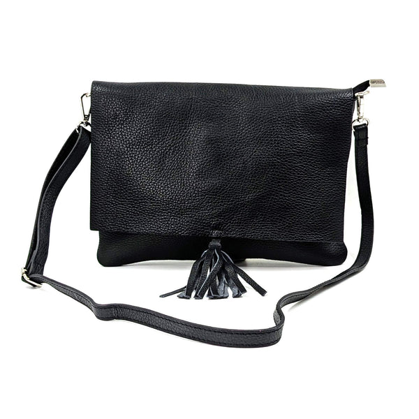 Simple leather envelope flap clutch bag with tassel and cross body