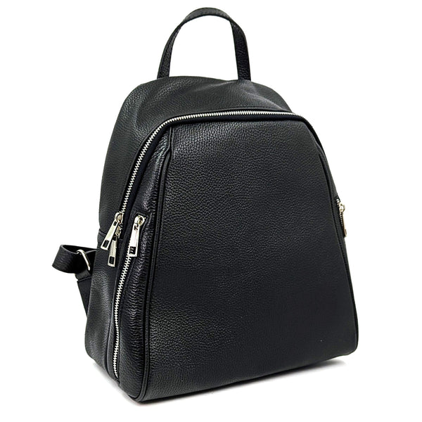 Structured slightly angular backpack with silver hardware and two side pockets