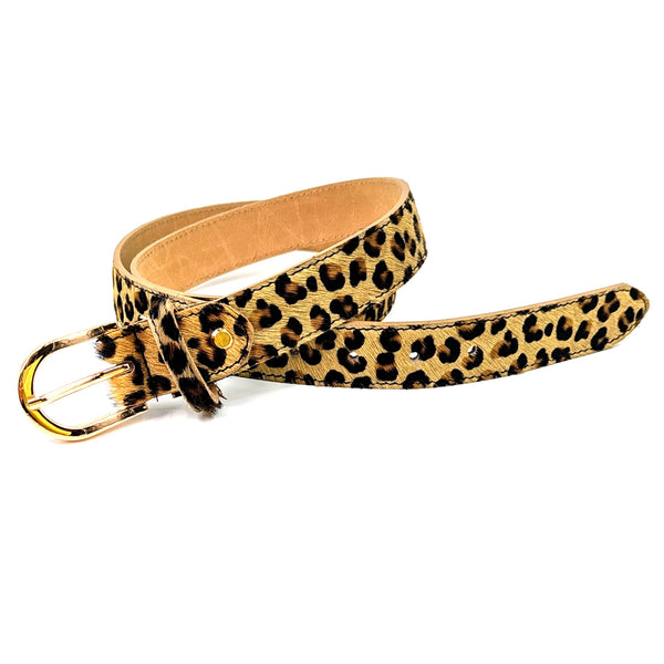 Leather and horsehair leopard print 100cm length belt with gold buckle