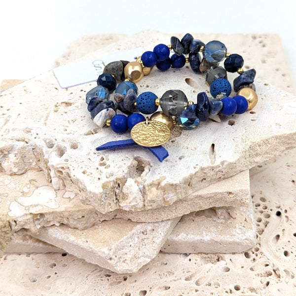 Beaded stretchy bracelets with  golden beads and semi-precious