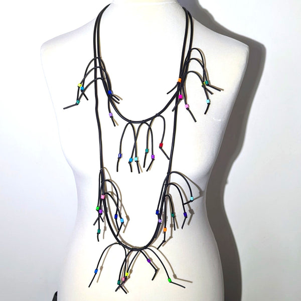 Double strand neoprene necklace with hanging elements and mini colour beads