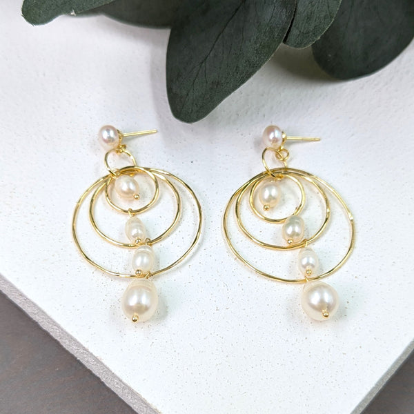 Waterfall gold plated hoop with real pearls earrings