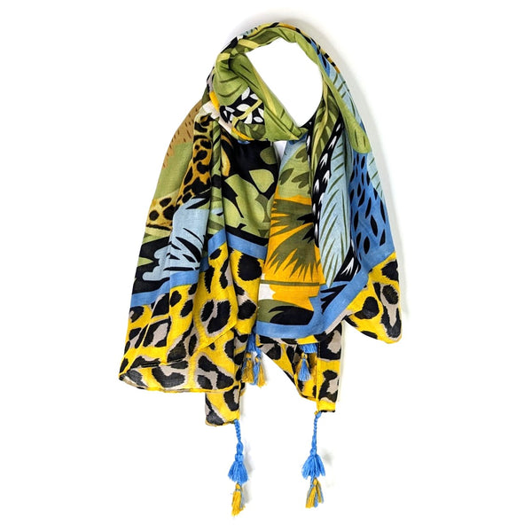 Camouflaged wild animals scarf with leopard print border and tassels