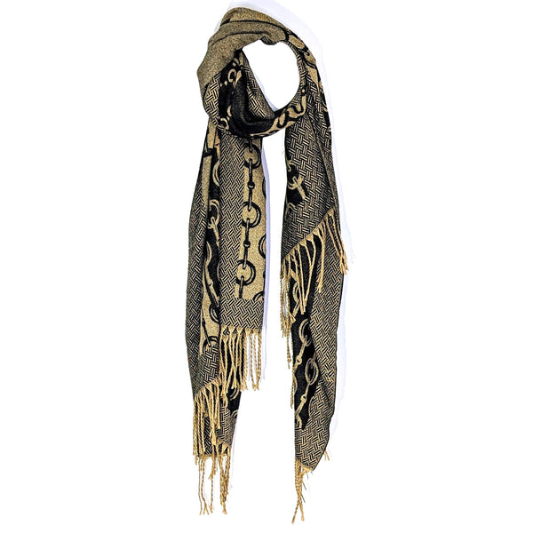 Luxe Horsebit Design Scarf with Subtle Golden Print with Tassels