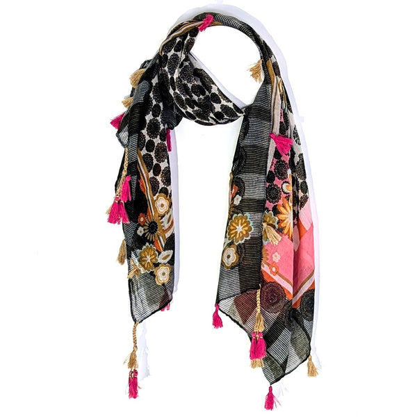 Circle and flower print scarf with tassels