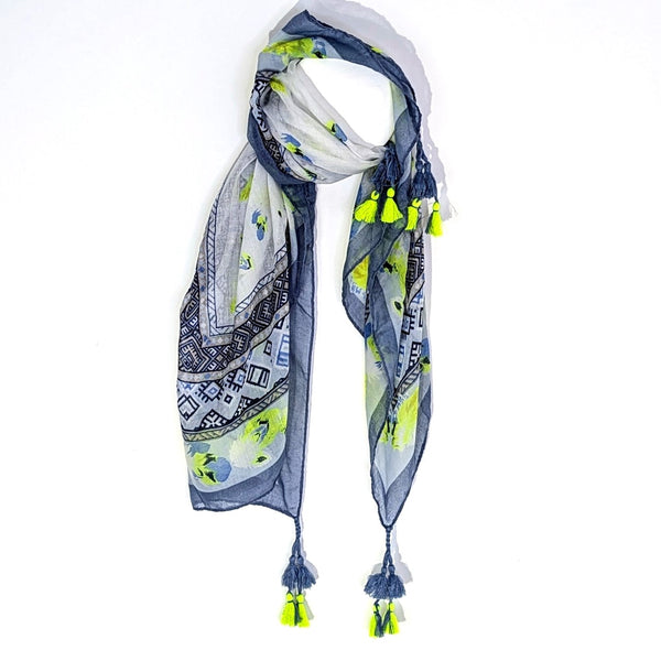 Artisan border print scarf with neon elements and tassels