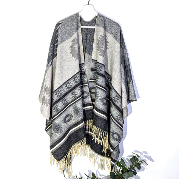 Aztec design soft feel poncho with tassels