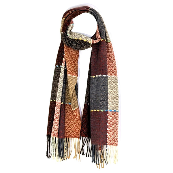 Patchwork style pattern warm and cosy scarf with multi tassels