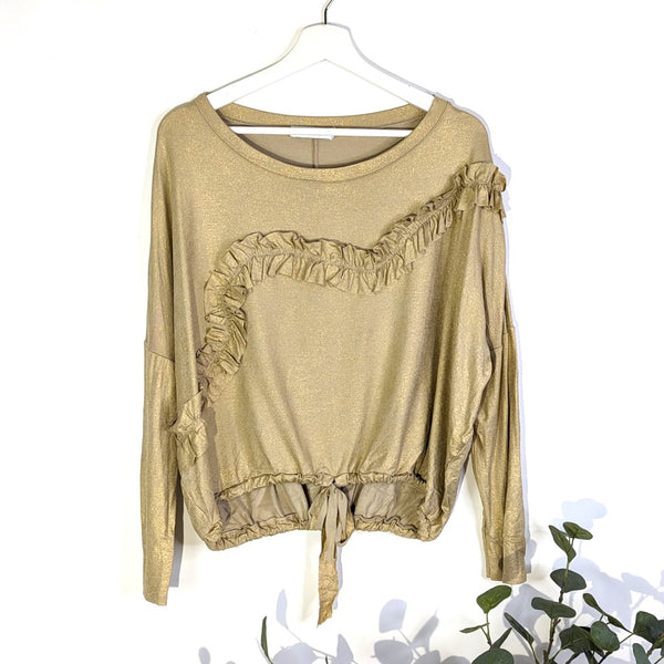 Viscose elastane subtle gold hotprint top with gathered fabric detail on front and drawstring hem