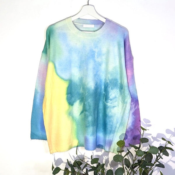 Warm polyamide mix crew neck jumper with pastel water colour