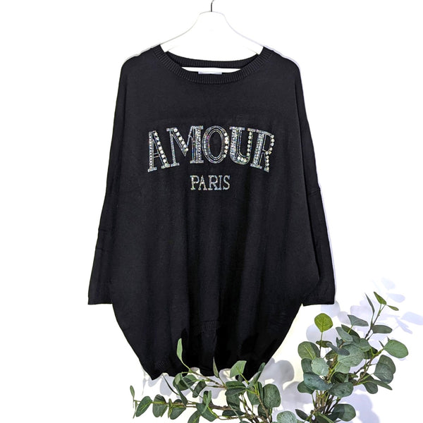 Soft viscose mix hi-lo jumper with 'Amour' crystal embellishment (M-XL)