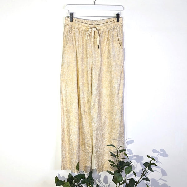 Linen Tencel mix golden cream straight leg trousers with stretchy waist band and pockets