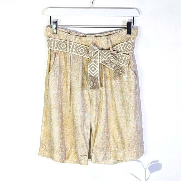 Linen Tencel mix golden cream fabric shorts with woven belt and stretchy waist band