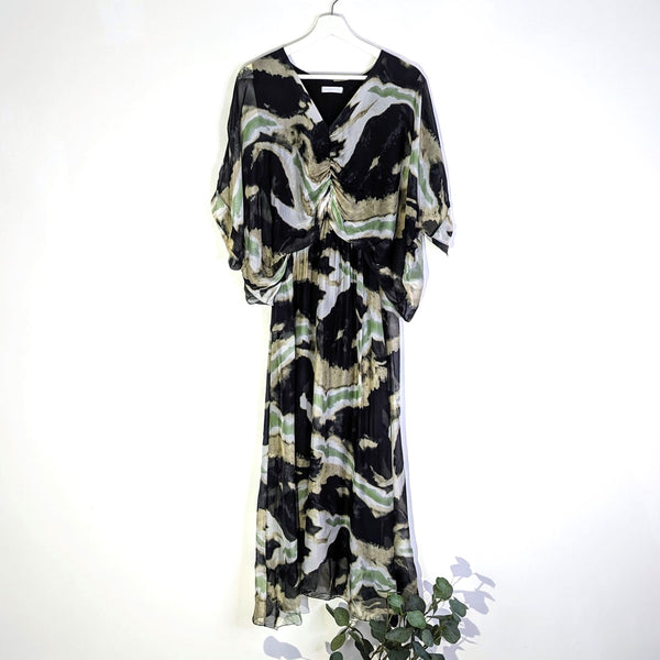 Silk blend wavy water colour digital print with ruched middle top section dress (M)