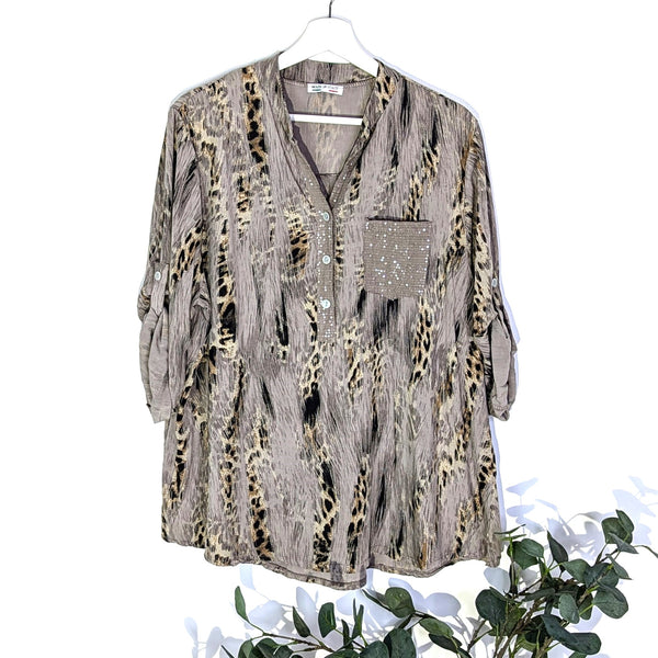 Animal fusion print half button down viscose shirt with subtle sequin on pocket and neckline (M)