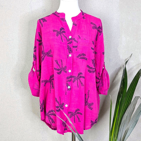 Button down collarless palm tree print cotton shirt (M)