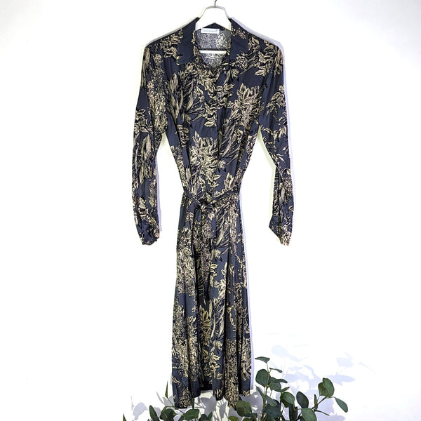 Satin feel long flower outline print shirt dress with tie belt (M-L)