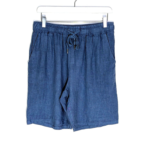 Linen shorts with elasticated waistband and tie front and side pockets (M)