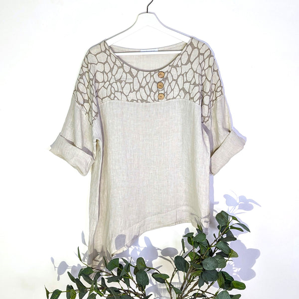 Linen top with coco buttons and giraffe print panel (M-L)