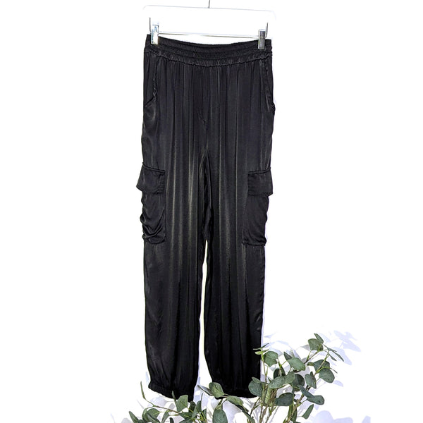 Satin cargo pants with elasticated waistband