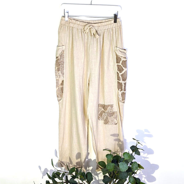 Superior linen cargo style trousers with subtle animal print panels and pockets (M)