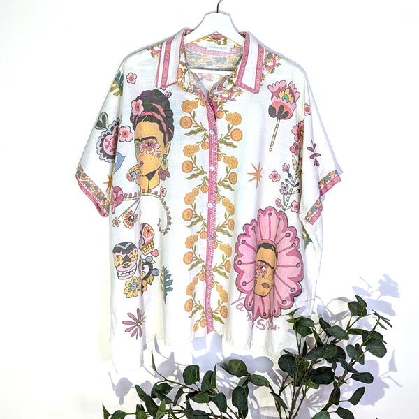 Cotton mix washed out effect Mexican print shirt