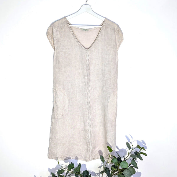 Pure linen dress with ribbed jersey back panel and crochet detail and pockets