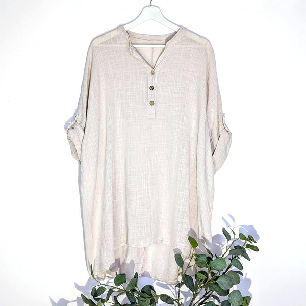 Light weight cotton longline hi-lo top or dress with coco buttons