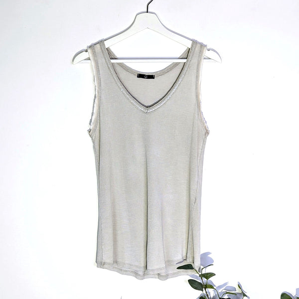 Subtle sequin V-neck vintage wash vest top with raw edge (S)