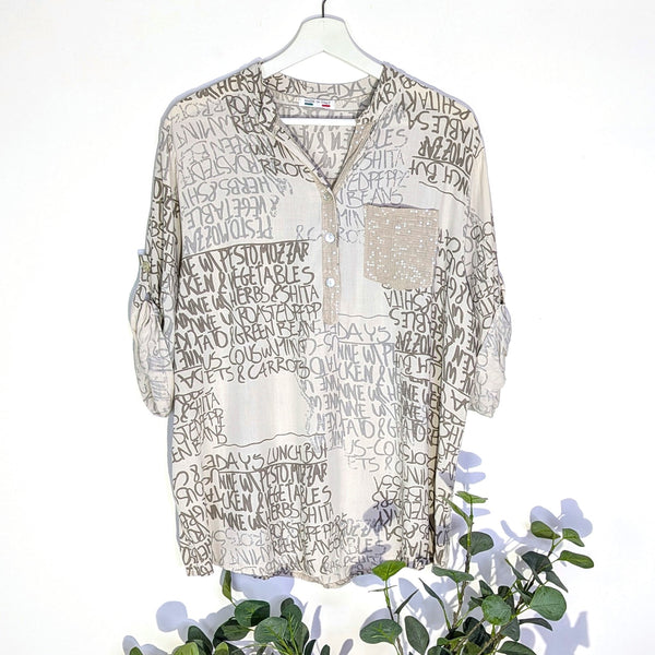 Graffiti print pure viscose shirt with subtle sequin neckline and pocket (M)