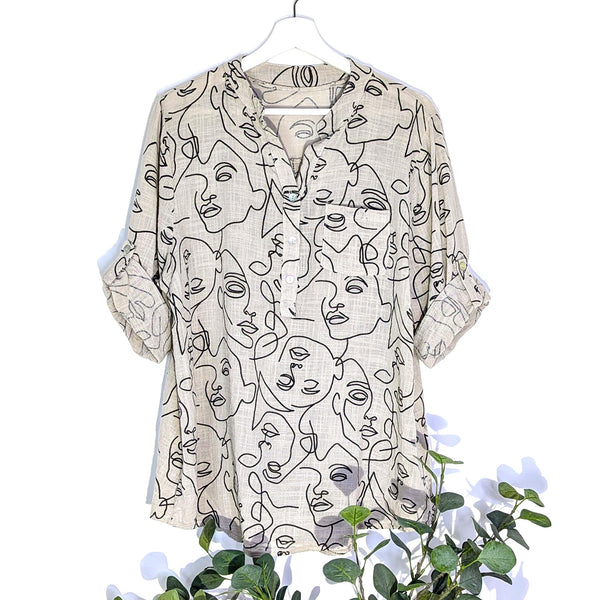 Light weight cotton top with outline face print (M)