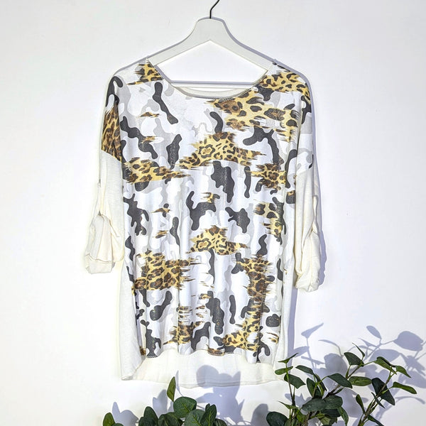 Subtle hot print long sleeve top with camo animal fusion print (M)