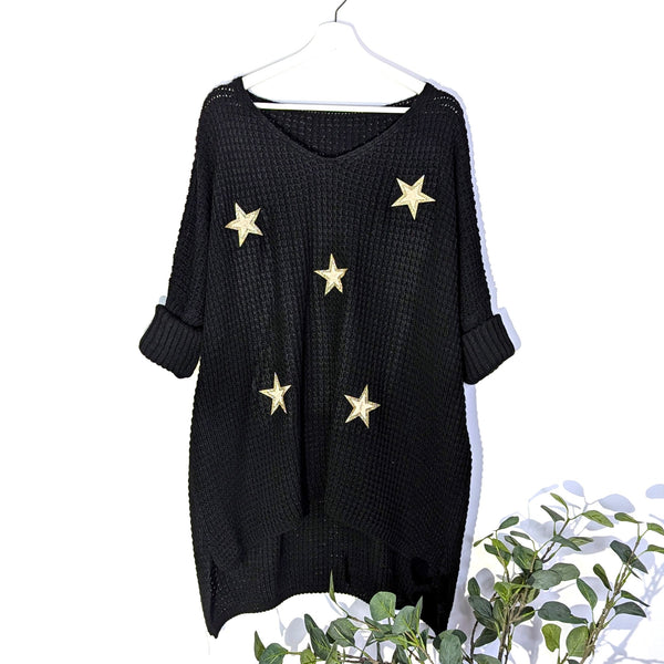 Cotton acrylic mix hi-lo V-neck jumper with star motif (L)