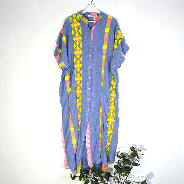 Luxury long cotton short sleeve button down cover up dress with neon woven elements (L-XL)