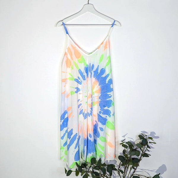 Short tie dye strappy viscose Summer dress with neon elements (M-L)