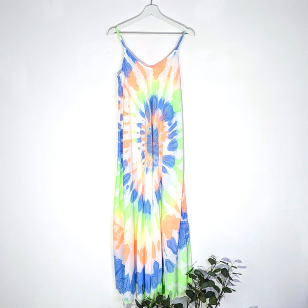 Long tie dye strappy viscose Summer dress with neon elements (M-L)