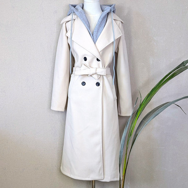 Classic long mid season coat with fashionable attached hoodie element