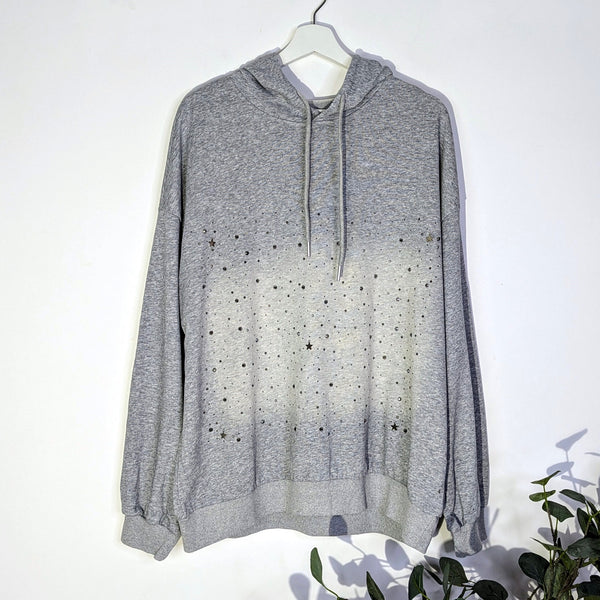 Vintage effect jersey fabric hooded top with subtle crystals and stars (M)