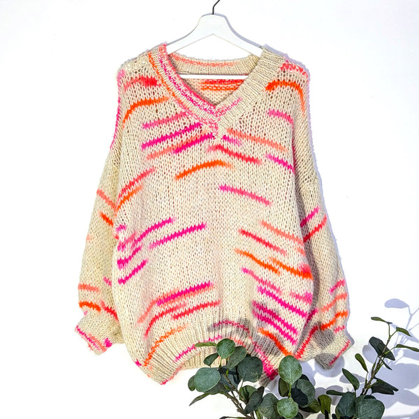 Alpaca mix V-neck fleck jumper with fuchsia and neon