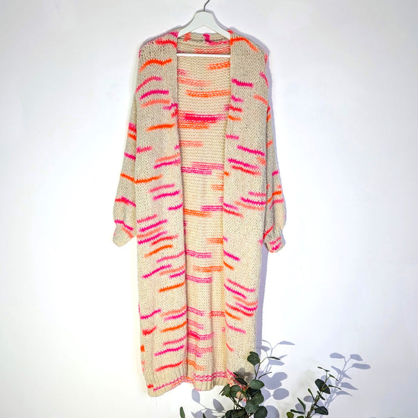 Alpaca mix long fleck cardi with fuchsia and neon (M-L)