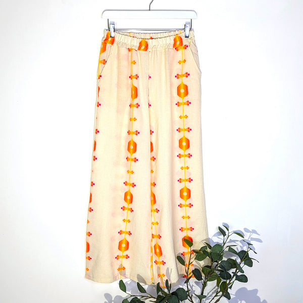 Cotton straight leg trousers with artisanal embroidery (S-M)