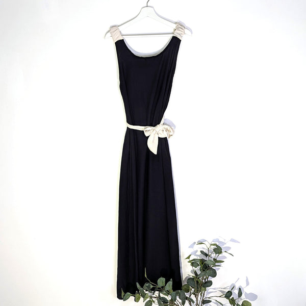 2 Tone viscose mix open V back long dress with tie waist and pockets