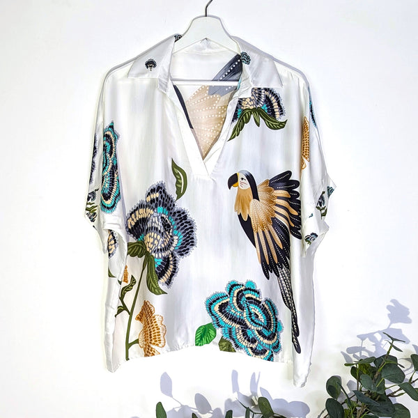 Viscose silk mix open neck boxy top with bird and flower print