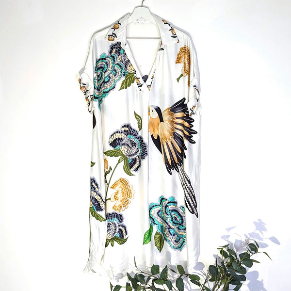 Long viscose silk mix open neck with collar dress with bird and flower print (M-L)