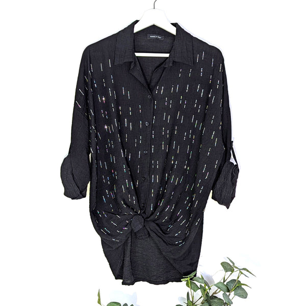 Roomy viscose shirt with stylish crystal line design (M)