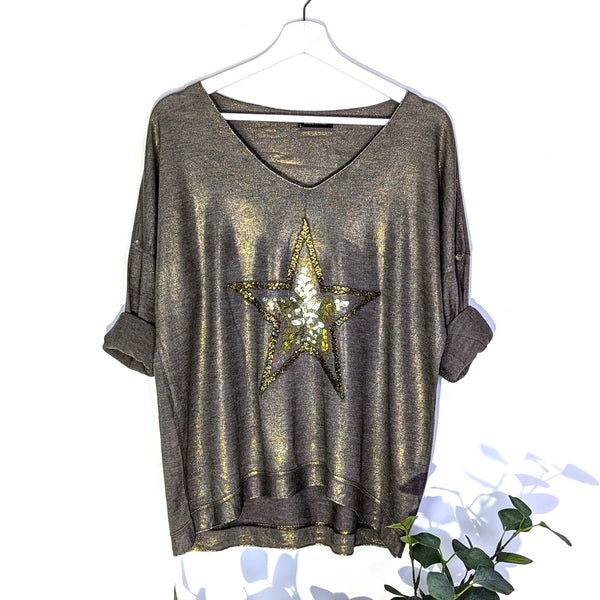 Viscose mix top with subtle hot print front with star embroidery (M)