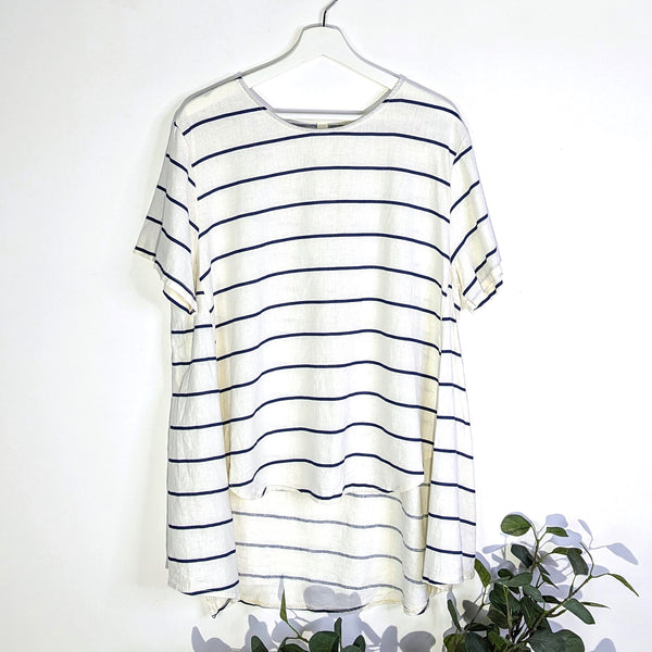 Linen mix roomy exaggerated hi-lo stripey top (M-L)