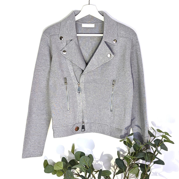 Luxe biker style fine knitted jacket with shiny silver hardware