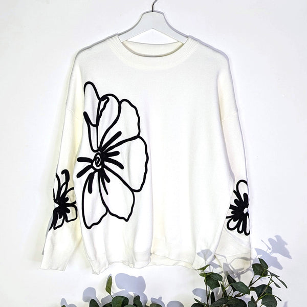 Luxe knitted jumper with embroidered flower on body and sleeves